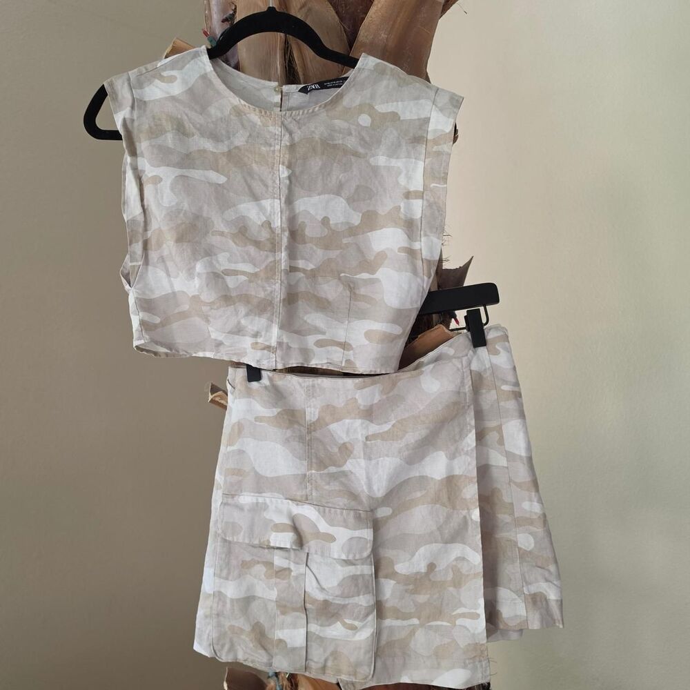 Zara Cream Camo Linen Blend Co-ord Set
